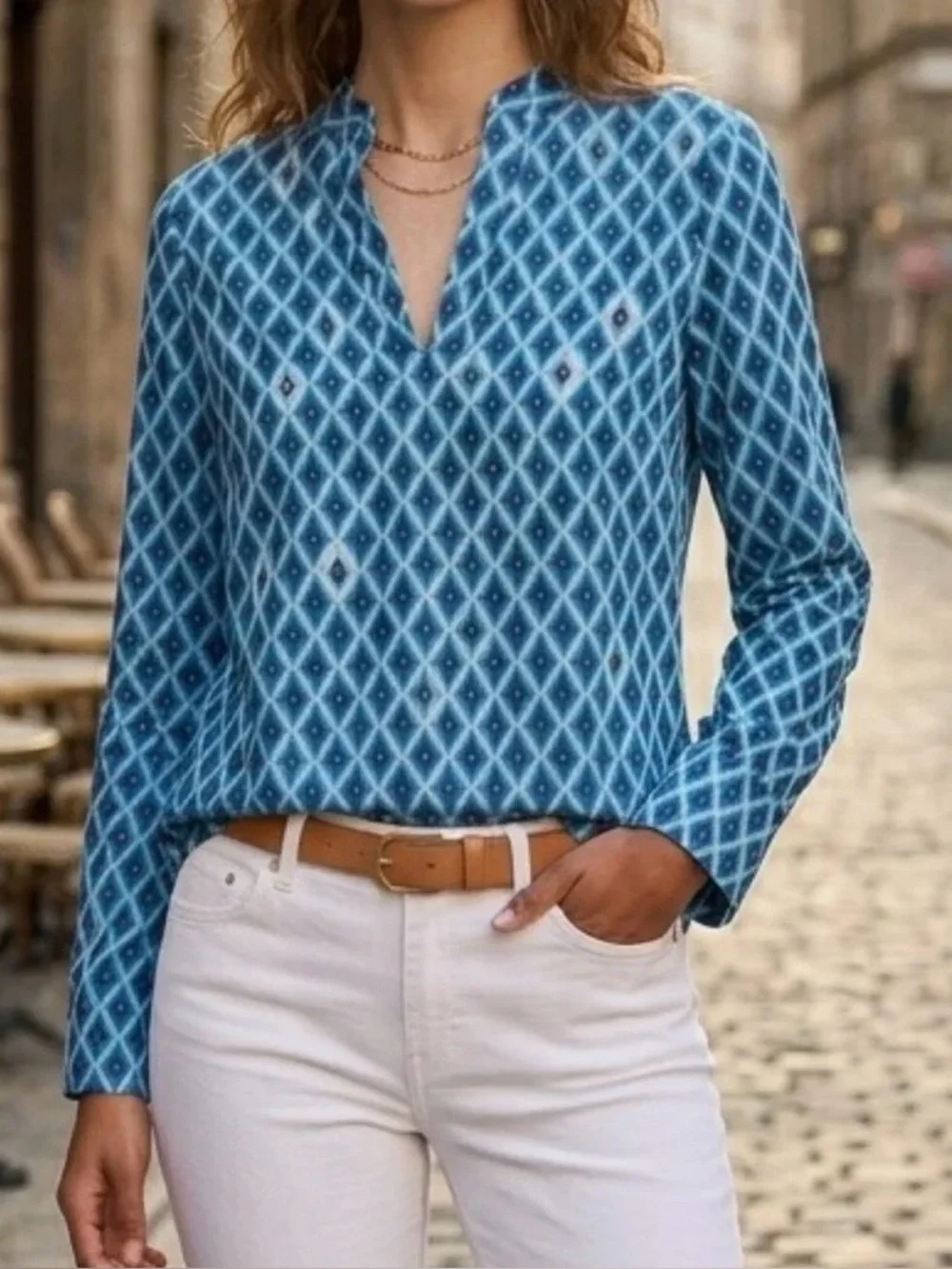 TORY BURCH Diamond-Print Notch V-Neck Tunic Top